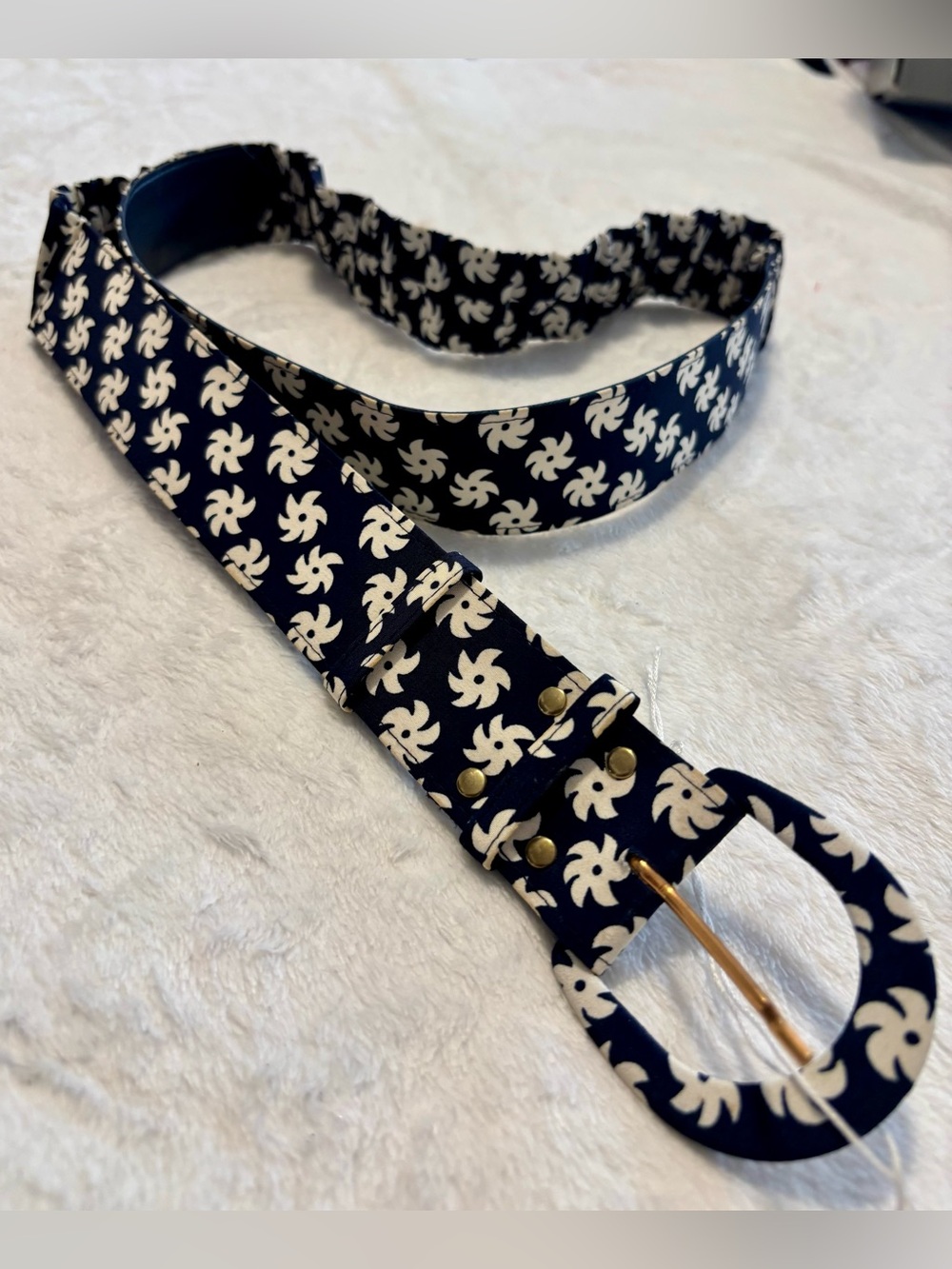 Navy and Cream Printed Fabric Belt